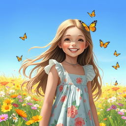 A beautiful young girl with a bright smile, wearing a summer dress, standing in a field of flowers under a clear blue sky