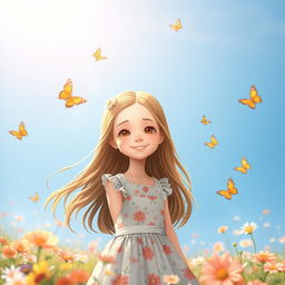 A beautiful young girl with a bright smile, wearing a summer dress, standing in a field of flowers under a clear blue sky