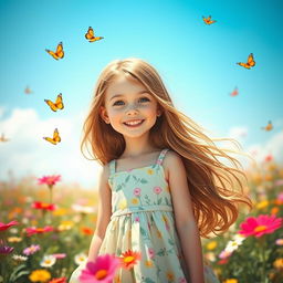 A beautiful young girl with a bright smile, wearing a summer dress, standing in a field of flowers under a clear blue sky