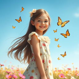 A beautiful young girl with a bright smile, wearing a summer dress, standing in a field of flowers under a clear blue sky