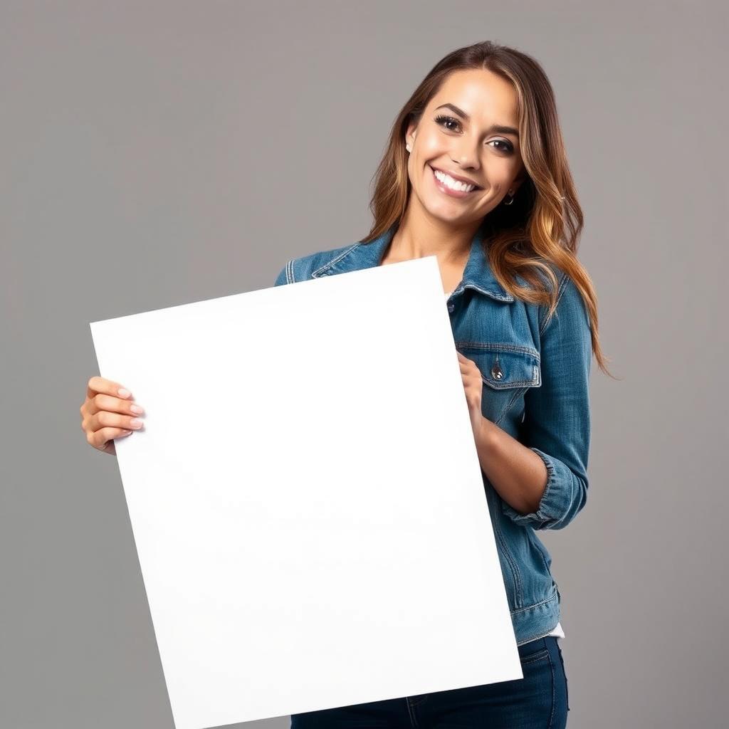 A beautiful woman with a radiant smile is holding a large blank white sign