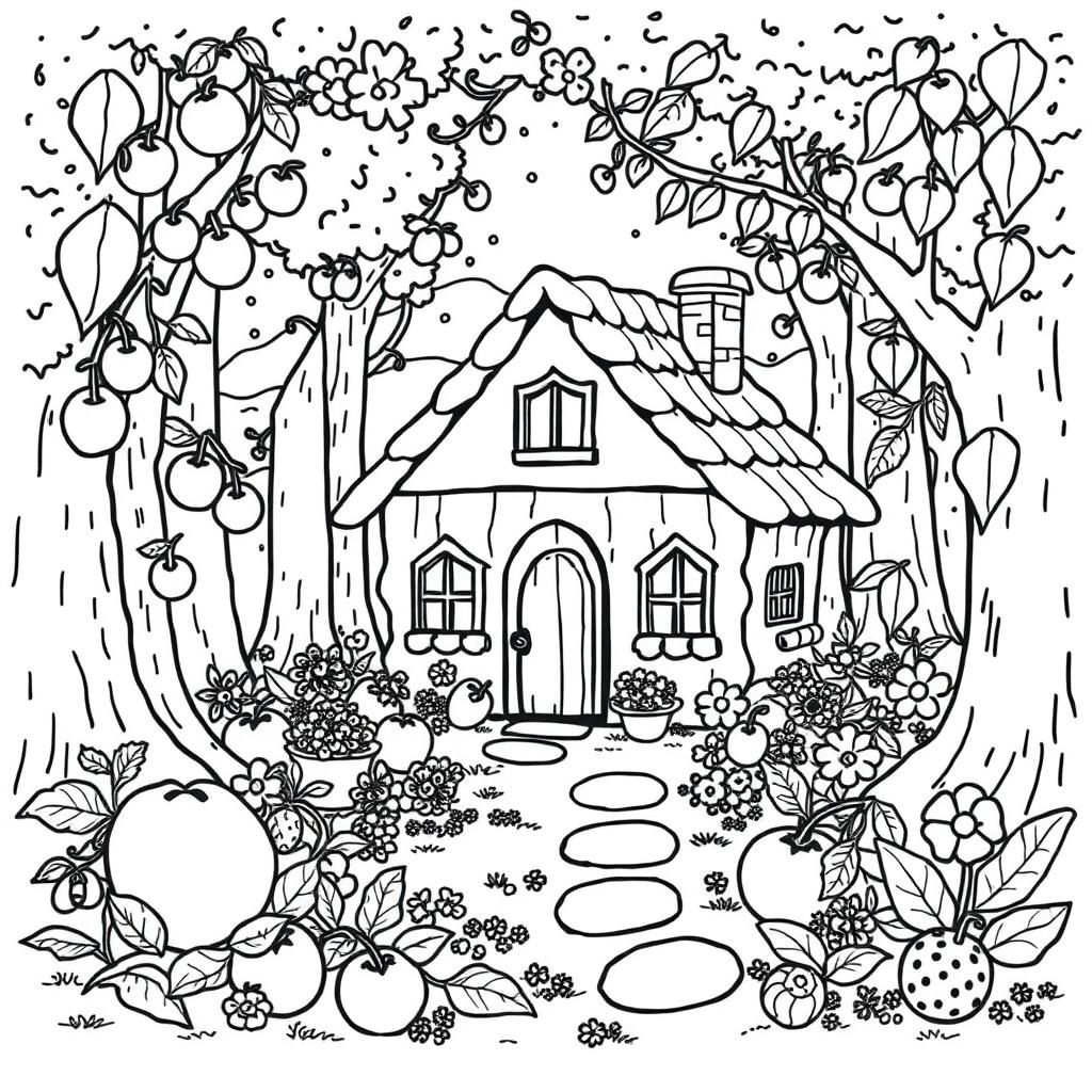 A charming coloring book page featuring a cute home nestled in the woods