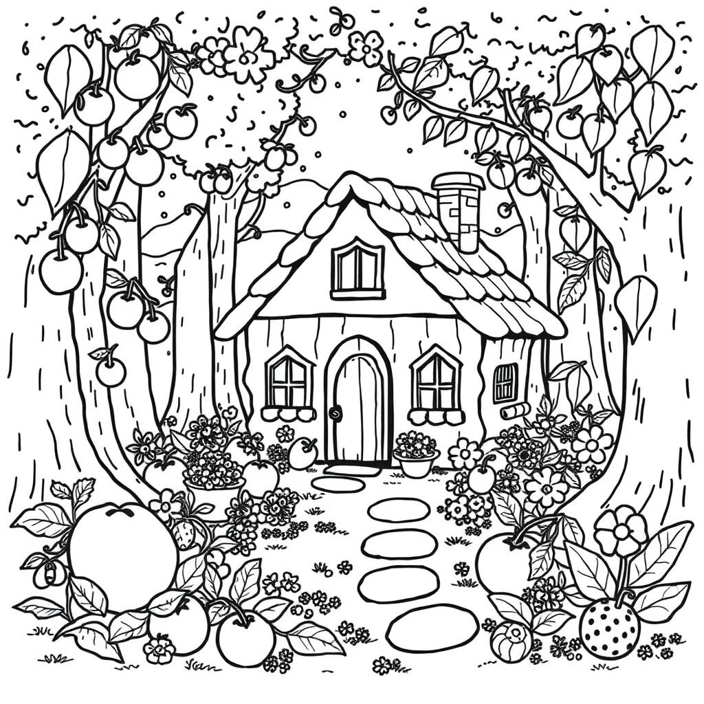 A charming coloring book page featuring a cute home nestled in the woods