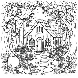 A charming coloring book page featuring a cute home nestled in the woods