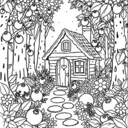 A charming coloring book page featuring a cute home nestled in the woods