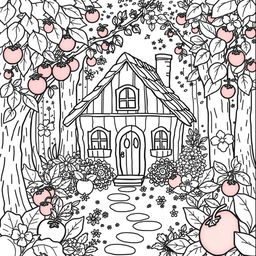 A charming coloring book page featuring a cute home nestled in the woods