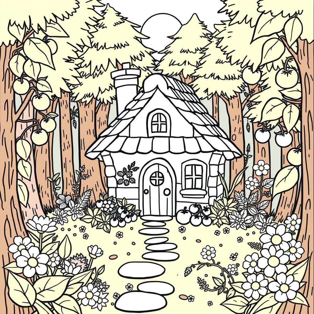 A charming coloring book page featuring a cute home nestled in the woods