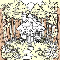 A charming coloring book page featuring a cute home nestled in the woods