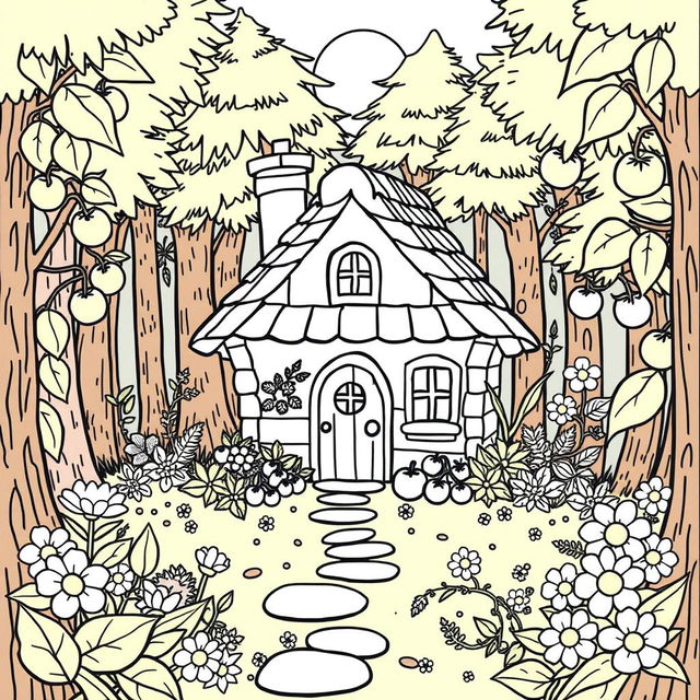 A charming coloring book page featuring a cute home nestled in the woods