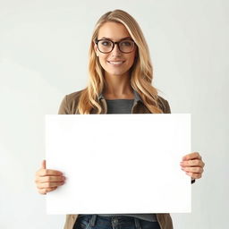 A beautiful woman with blonde hair and glasses is holding a large blank white sign