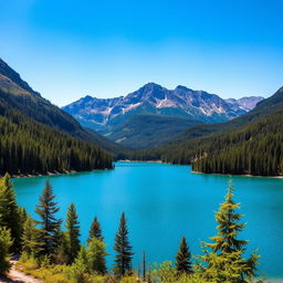 A beautiful landscape featuring a serene lake surrounded by lush green forests and majestic mountains in the background under a clear blue sky