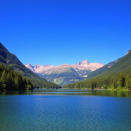 A beautiful landscape featuring a serene lake surrounded by lush green forests and majestic mountains in the background under a clear blue sky