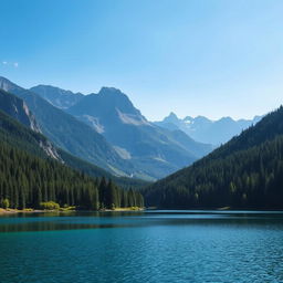 A beautiful landscape featuring a serene lake surrounded by lush green forests and majestic mountains in the background under a clear blue sky