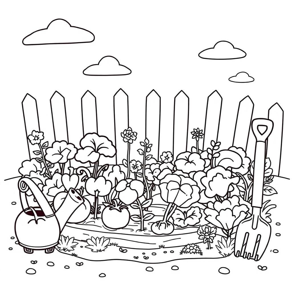 A delightful coloring book page featuring a cute little vegetable garden