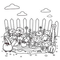 A delightful coloring book page featuring a cute little vegetable garden