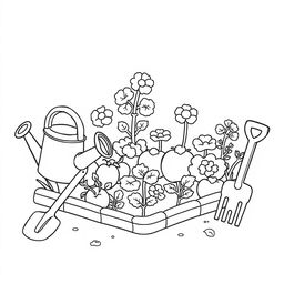 A delightful coloring book page featuring a cute little vegetable garden