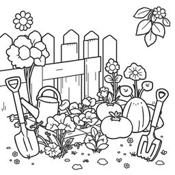 A delightful coloring book page featuring a cute little vegetable garden