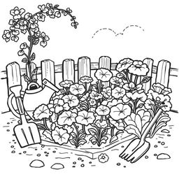 A delightful coloring book page featuring a cute little vegetable garden