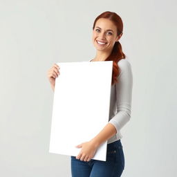 A beautiful woman with red hair is holding a large white sign