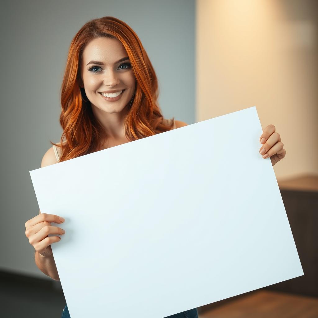 A beautiful woman with red hair is holding a large white sign