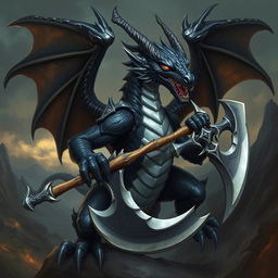 A majestic black and silver dragon wielding a battle axe, set against a dramatic fantasy landscape