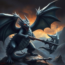 A majestic black and silver dragon wielding a battle axe, set against a dramatic fantasy landscape