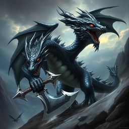 A majestic black and silver dragon wielding a battle axe, set against a dramatic fantasy landscape