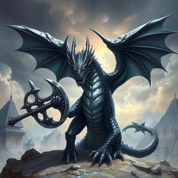 A majestic black and silver dragon wielding a battle axe, set against a dramatic fantasy landscape