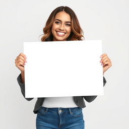 A beautiful woman holding a large blank white sign