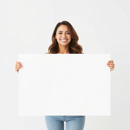 A beautiful woman holding a large blank white sign