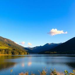 A serene landscape featuring a calm lake surrounded by lush green trees and mountains in the background