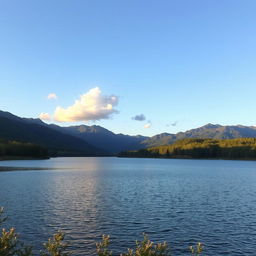 A serene landscape featuring a calm lake surrounded by lush green trees and mountains in the background