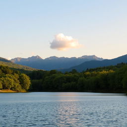 A serene landscape featuring a calm lake surrounded by lush green trees and mountains in the background