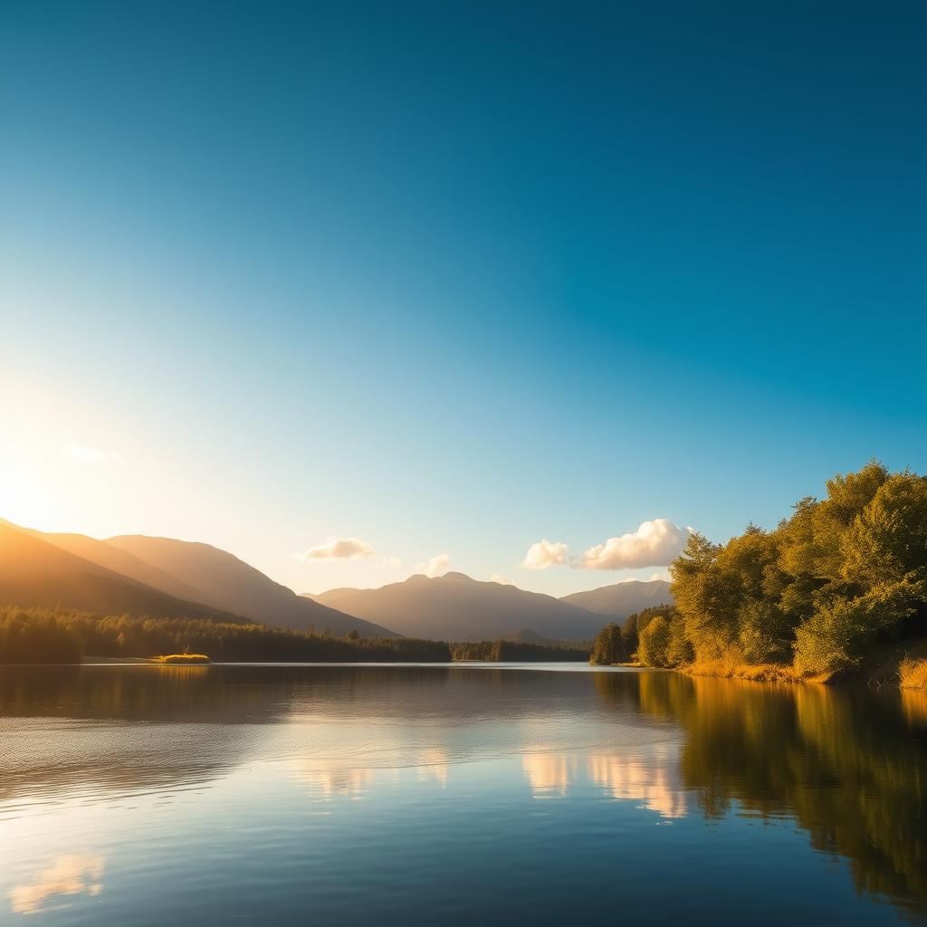 A serene landscape featuring a calm lake surrounded by lush green trees and mountains in the background