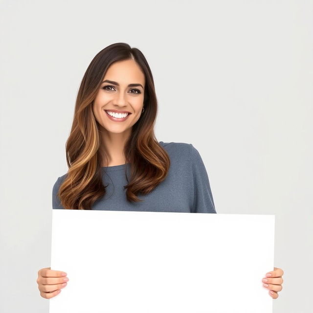 A beautiful woman holding a large blank white sign