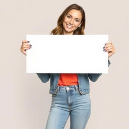 A beautiful woman holding a large blank white sign