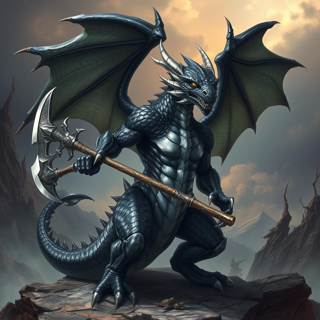 A majestic black and silver humanoid dragon wielding a battle axe, set against a dramatic fantasy landscape