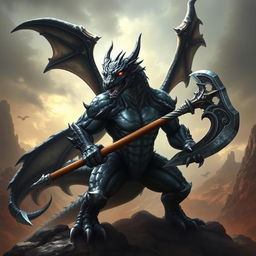 A majestic black and silver humanoid dragon wielding a battle axe, set against a dramatic fantasy landscape