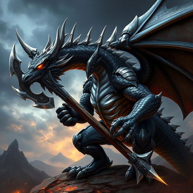 A majestic black and silver humanoid dragon wielding a battle axe, set against a dramatic fantasy landscape