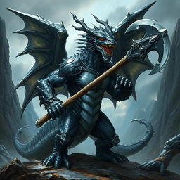 A majestic black and silver humanoid dragon wielding a battle axe, set against a dramatic fantasy landscape