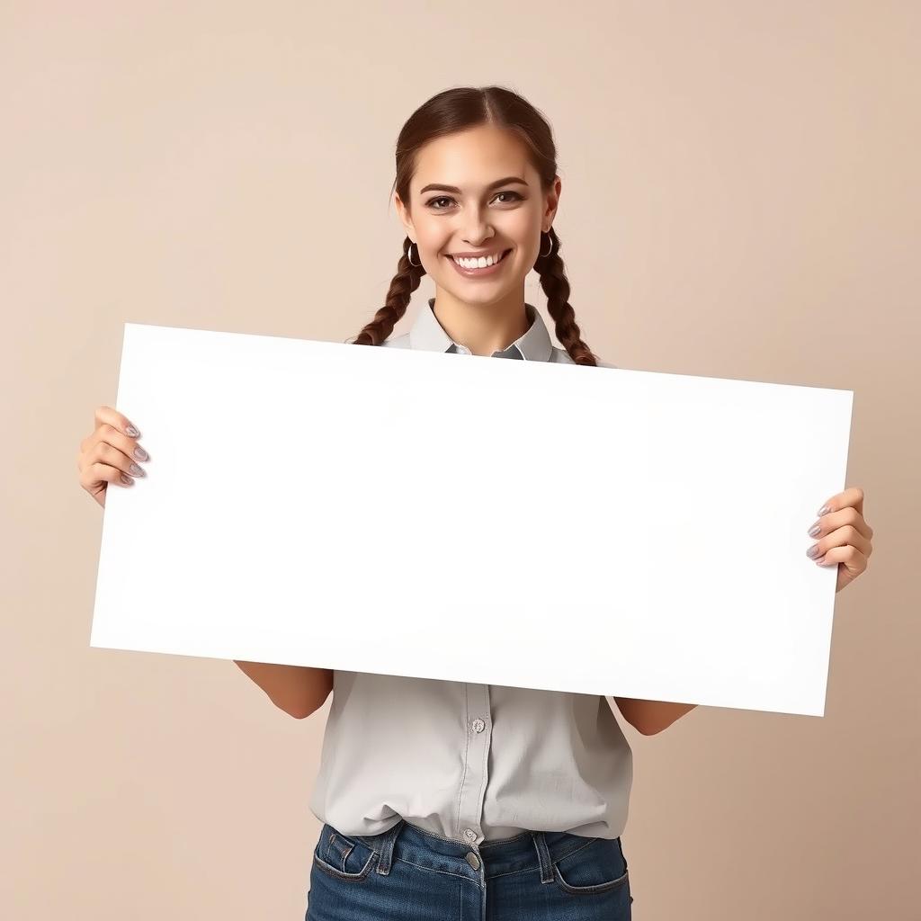 A beautiful woman with pig tails, wearing a button-down shirt, holding a large blank white sign