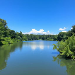 A serene landscape featuring a calm lake surrounded by lush green trees, with a clear blue sky and a few fluffy white clouds.