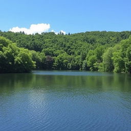 A serene landscape featuring a calm lake surrounded by lush green trees, with a clear blue sky and a few fluffy white clouds.