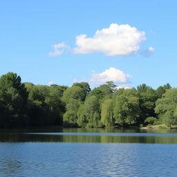 A serene landscape featuring a calm lake surrounded by lush green trees, with a clear blue sky and a few fluffy white clouds.