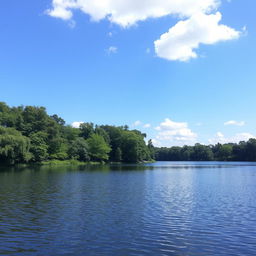 A serene landscape featuring a calm lake surrounded by lush green trees, with a clear blue sky and a few fluffy white clouds.