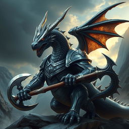 A majestic black and silver humanoid dragon wearing armor and wielding a battle axe, set against a dramatic fantasy landscape