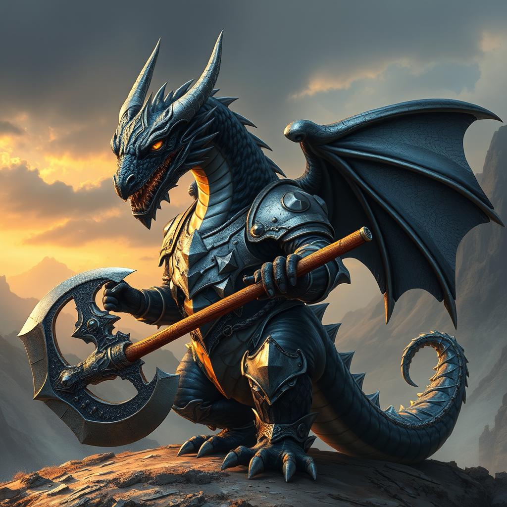 A majestic black and silver humanoid dragon wearing armor and wielding a battle axe, set against a dramatic fantasy landscape