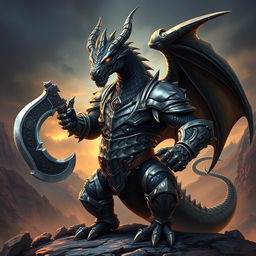 A majestic black and silver humanoid dragon wearing armor and wielding a battle axe, set against a dramatic fantasy landscape