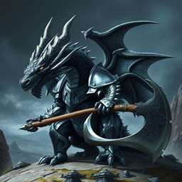 A majestic black and silver humanoid dragon wearing armor and wielding a battle axe, set against a dramatic fantasy landscape