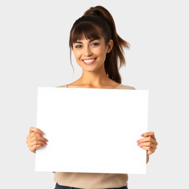 A beautiful woman with a round face and a ponytail, holding a large blank white sign